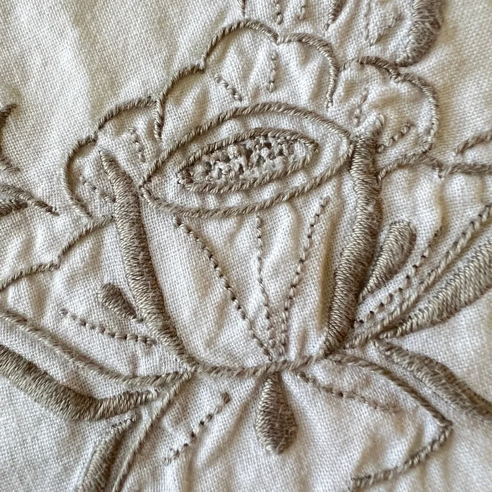 Vintage Antique Hand Embroidered White Linen Tablecloth Scalloped Cutwork Floral